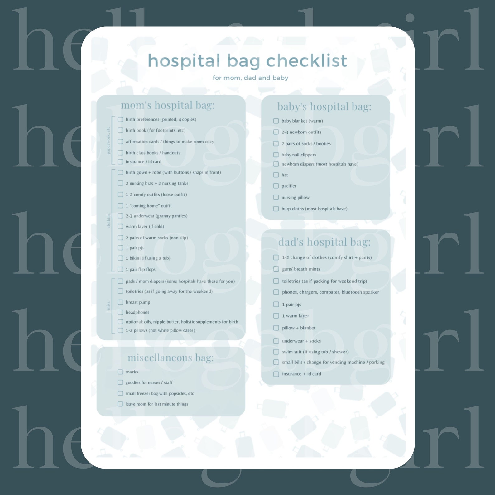 Personalized Hospital Bag Checklist / Birth Bag / Maternity Printable ...