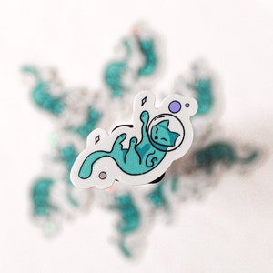 Teal Space Cat Holographische Aufkleber || MINI Wasserdichte Galaxie Vinyl-Aufkleber