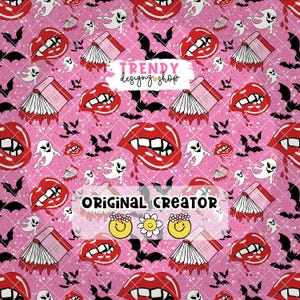 Spooky Bookish Seamless Pattern: Pink Halloween, Ghosts, Bats (PNG Digital Download
