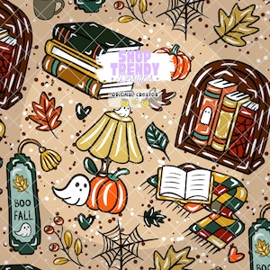 Bookish Fall Seamless Pattern: Hand-Drawn PNG Digital Paper (Instant Download)
