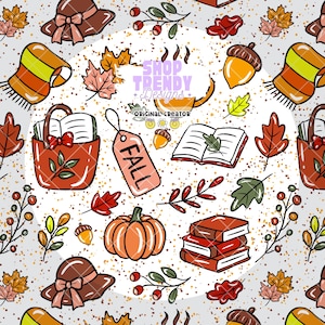 Bookish Fall Seamless Pattern: Hand-Drawn PNG Digital Paper (Commercial Use