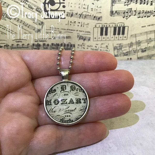 Vintage Sheet Music Pendant Necklace featuring "Mozart"