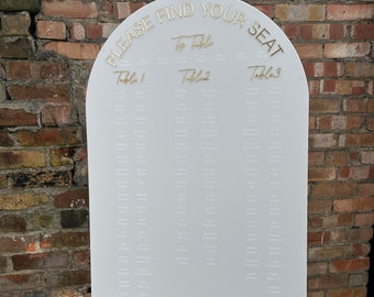 Olivia Collection - Personalised Arched A2/A1 Acrylic Wedding Seating Plan Acrylic Sign with 3D detailing.