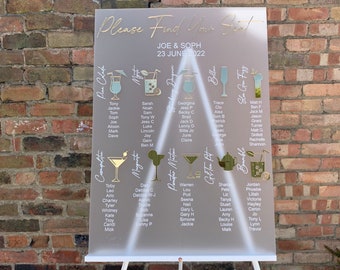 Cocktail Collection - Personalised Cocktail Themed A2/A1 Acrylic Wedding Seating Plan Acrylic Sign with 3D detailing.