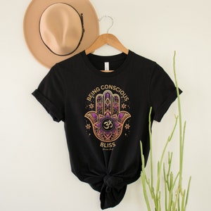 Hamsa Hand Shirt with Om Symbol and Being Conscious Bliss Quote - Spiritual Yoga Tee for Women