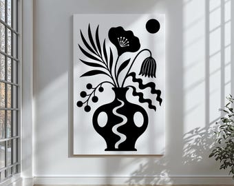 Black White Botanical Canvas Art – Minimalist Floral Vase Print, Scandinavian Decor