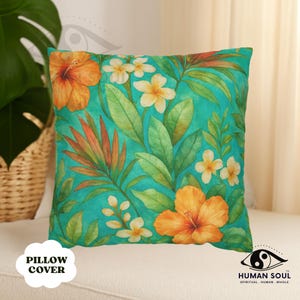 Tropical Floral Pillow Cover, Green Orange Decorative Cushion Case, South Beach Home Accent, Botanical Throw Pillow, Summer Room Decor