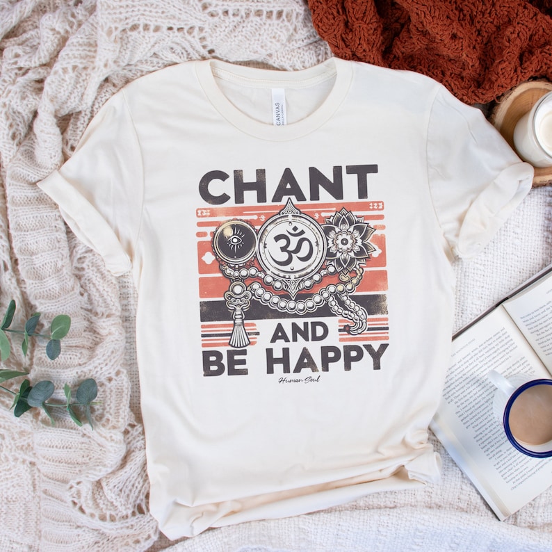 Chant and Be Happy T Shirt - Spiritual Om Symbol and Mala - Retro Distressed Style