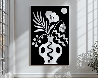 Black Botanical Canvas Art – Minimalist Floral Vase Print, Scandinavian Modern Decor