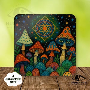 Psychedelic Mushroom Cork Coasters Set, Trippy Sacred Geometry Decor, Boho Home Accent, Colorful Festival Room Vibe