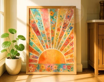 Floral Sunburst Print: Boho Botanical Wall Art (Digital Download)