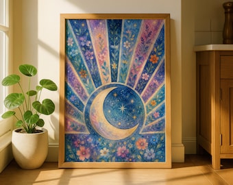 Celestial Floral Moon Art Print, Mystic Boho Bedroom Artwork (Digital Download)