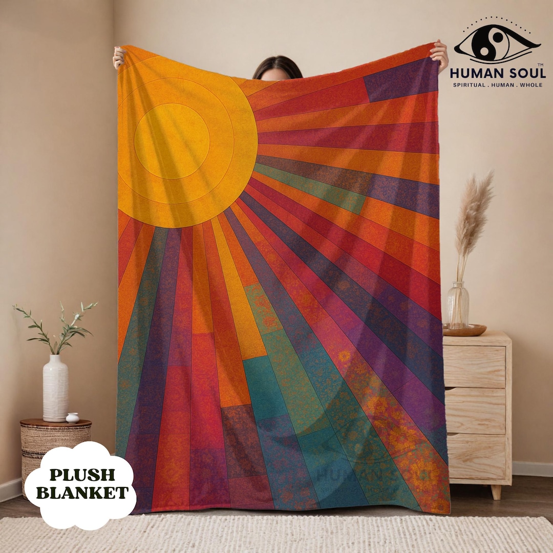 Colorful Sunburst Velveteen Blanket: Boho Rainbow Throw