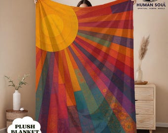 Colorful Sunburst Velveteen Blanket: Boho Rainbow Throw, Meditation Decor