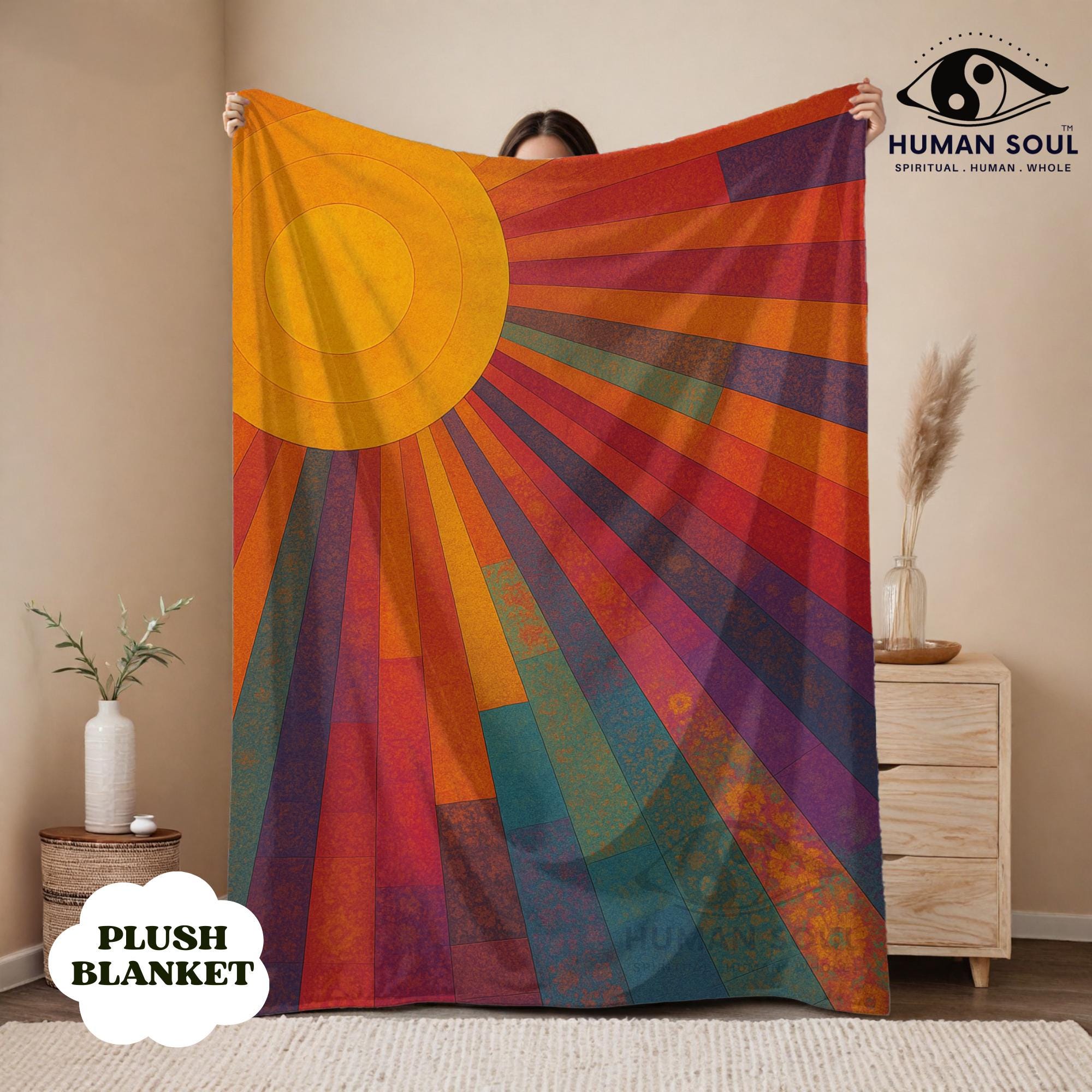 Colorful Sunburst Velveteen Blanket: Boho Rainbow Throw