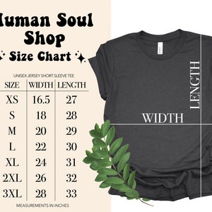 May include: Size chart for unisex short sleeve t-shirts. The chart shows the width and length measurements in inches for sizes XS to 3XL.
