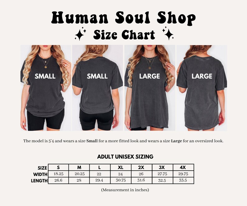 May include: Size chart for unisex t-shirts in sizes S through 4X. The chart shows the width and length measurements in inches for each size.