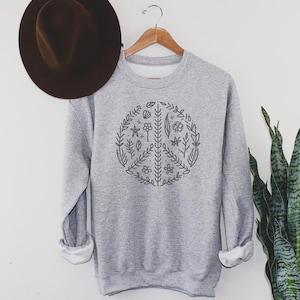 Botanisches Friedenssymbol Sweatshirt - Ästhetisches Hemd - Friedenszeichen Damen Blumenoberteil - Weltfrieden Boho Stil Top