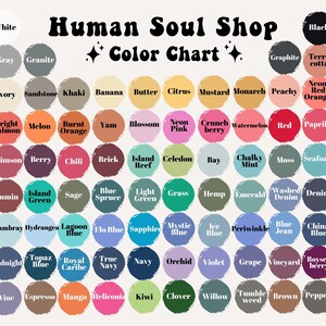 May include: A color chart with 72 different color swatches, each with a name. The chart is titled "Human Soul Shop Color Chart".