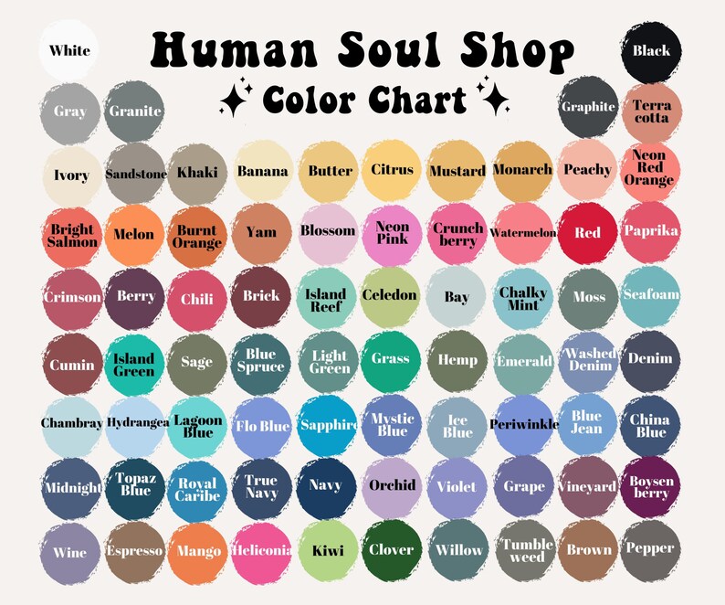 May include: A color chart with 72 different color swatches, each with a name. The chart is titled "Human Soul Shop Color Chart".