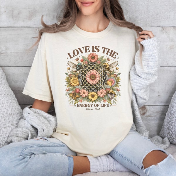 Sacred Geometry T Shirt, Flower of Life T Shirt, Love Energy T Shirt, Nature Inspired, Bees and Flowers, Spiritual, Boho, Mandala