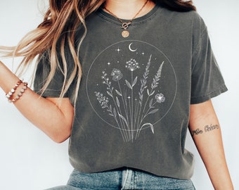 Wildflowers Crescent Moon T-Shirt: Botanical Graphic Tee