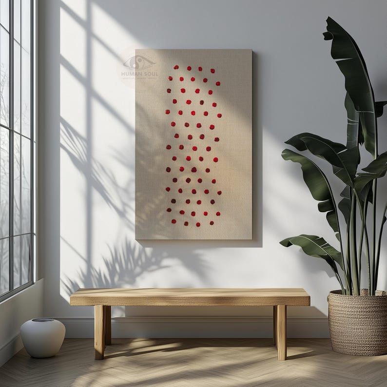 May include: A rectangular canvas art piece with a beige background features a vertical pattern of red dots. The artwork is mounted on a white wall, with a wooden bench and a potted plant in the foreground. The text "HUMAN SOUL" is visible.
