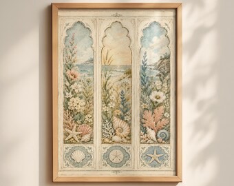 Vintage Coastal Window Panel Art, Seaside Floral Print, Beach Cottage Decor (Digital Download)