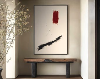 Minimalist Japandi Abstract Canvas, Black Red Brushstroke Art, Wabi Sabi Wall Decor