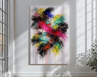May include: Abstract art canvas featuring a vibrant explosion of colors. The artwork showcases a dynamic composition with splashes of black, pink, yellow, blue, green, and red, with paint drips adding depth. The piece is mounted on a white wall.