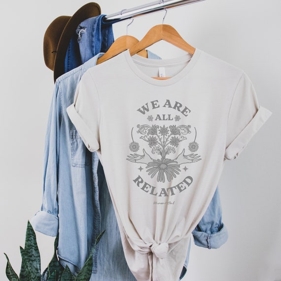 Blossom T-Shirt: Hand Design, 'We Are All Related' Quote, Boho Spiritual Tee