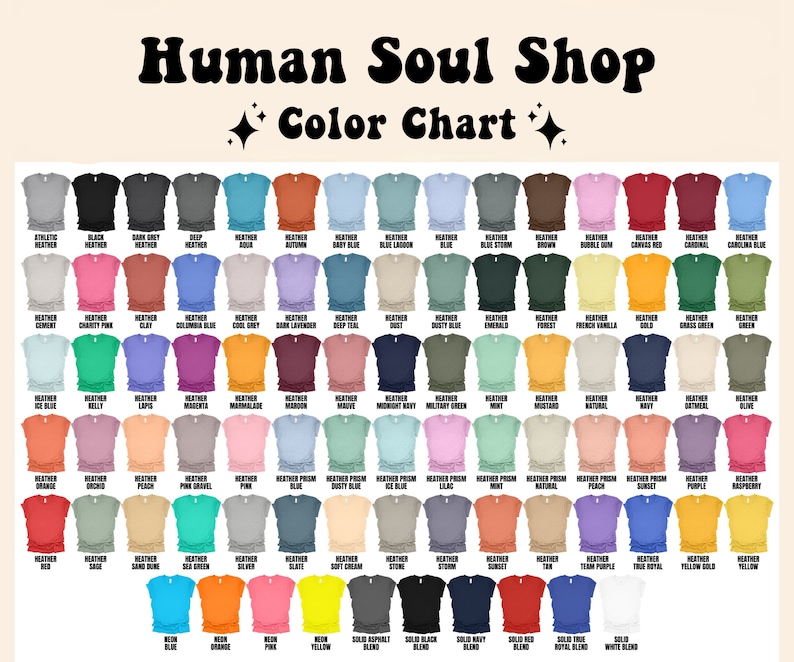 May include: Color chart showing 72 different t-shirt colors. The colors are arranged in rows and columns, with each color represented by a small square. The colors include a variety of shades of blue, green, red, pink, yellow, orange, brown, gray, and white.