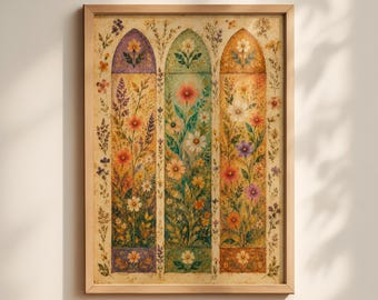 Floral Window Panel Wall Art, Cottagecore Botanical Printable, Vintage Garden Decor Download