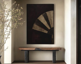 Japanese Folding Fan Canvas Print, Wabi Sabi Moody Art, Japandi Wall Decor (Pine Frame)