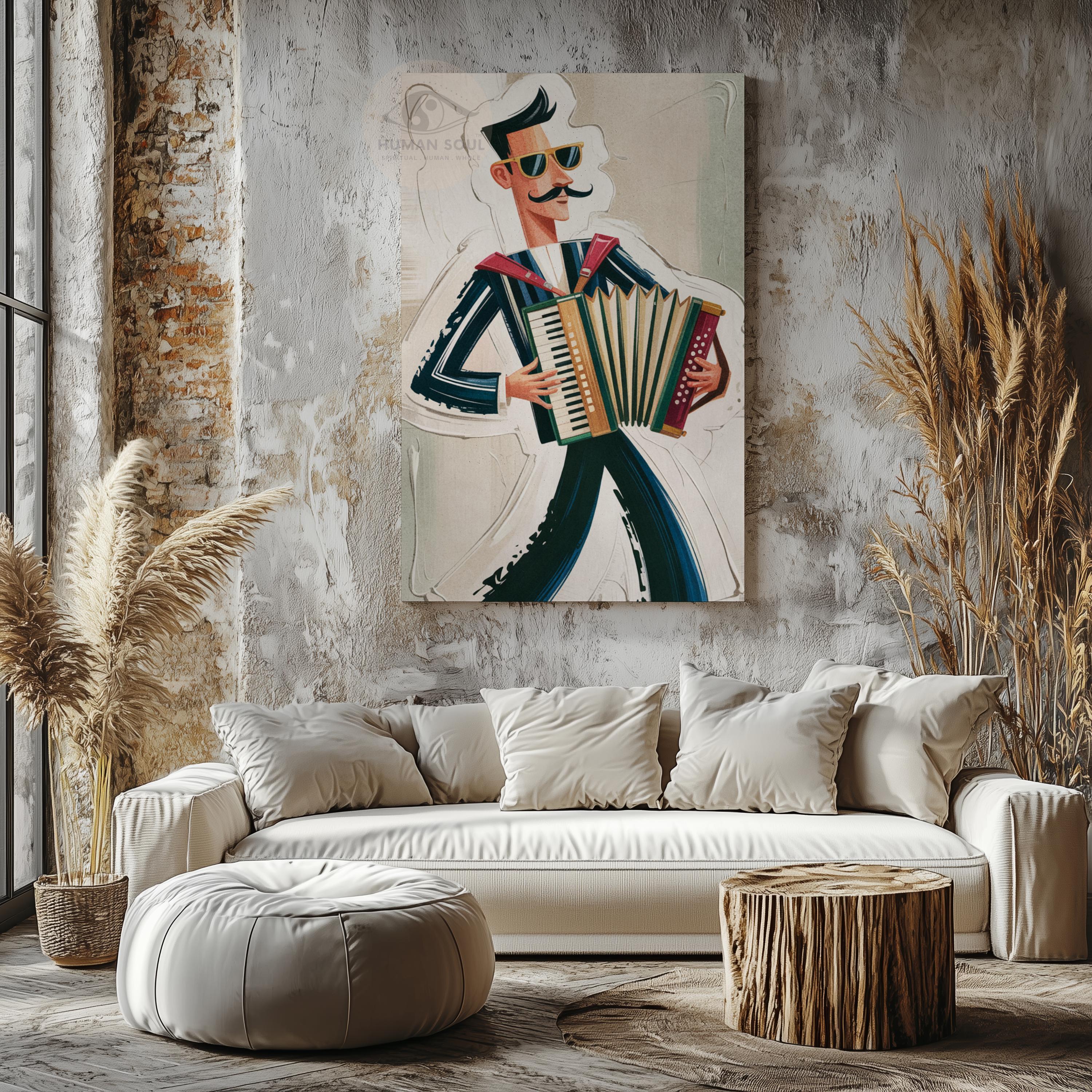 Retro Italian Accordion Player Print, Mid-century Cafe Wall Art
