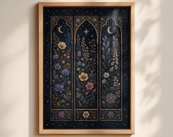 Midnight Garden Wall Art, Gothic Floral Window Panel Printable, Celestial Botanical Decor Download