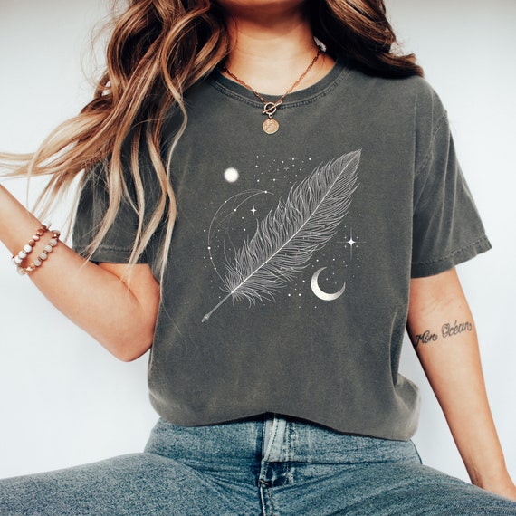 Celestial Feather T-Shirt: Crescent Moon & Stars, Boho Style Cotton Top