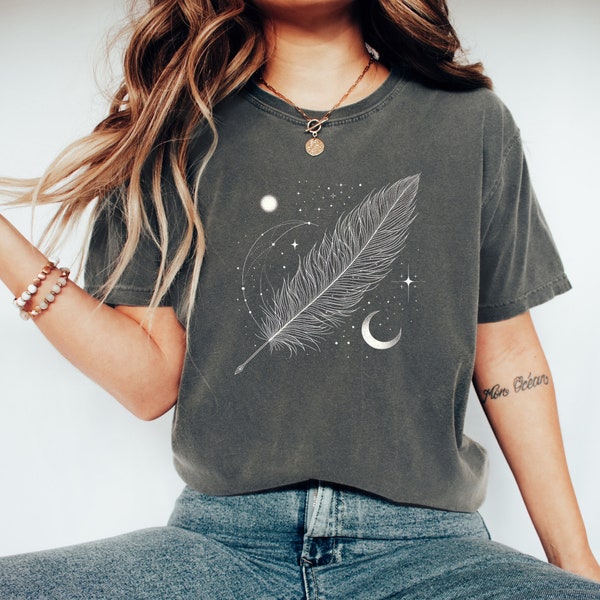 Celestial Feather Tshirt with Crescent Moon and Stars, Planetary T Shirt, Boho Style Top - Festival Trendy Ladies Tops