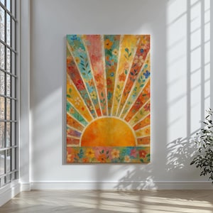 Floral Sunburst Canvas Art – Boho Sunrise Painting