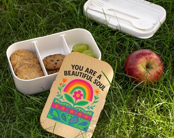 Colorful Bento Box Lunch: Silicone Snack Organizer with Wooden Lid