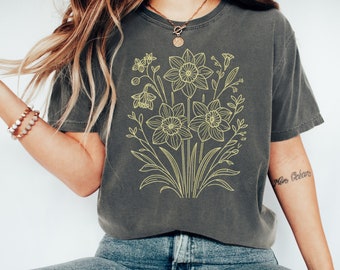 Daffodil T-Shirt: Floral Line Art, March Birth Flower, Spring Fashion