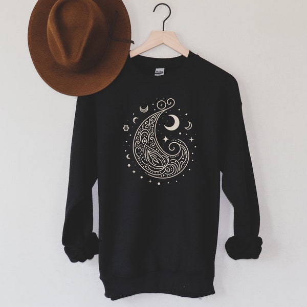 Cosmic Paisley Motifs, Crescent Moon Sweatshirt - Paisley Shirt - Aesthethic Shirt - Aesthetic Clothes - Boho Style Clothing