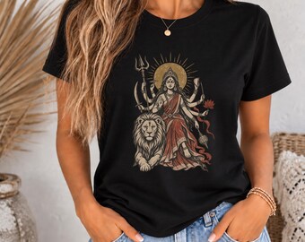 Goddess Durga Illustration T-Shirt | Lion, Trident, Floral Motif