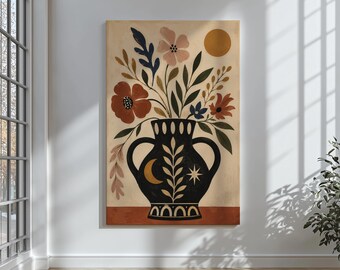 Boho Floral Canvas Art – Folk Art Botanical Vase Print, Rustic Modern Decor