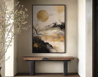 Gold Moon Mountain Landscape Matte Canvas Framed | Asian Ink Wash Wall Art