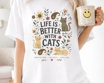 Life Is Better With Cats Paisley Folk Design T-Shirt