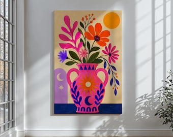Colorful Floral Canvas Wall Art – Boho Botanical Vase Painting, Maximalist Decor