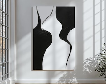 Minimalist Black and White Abstract Canvas Wall Art - Modern Neutral Line Painting, Contemporary Decor