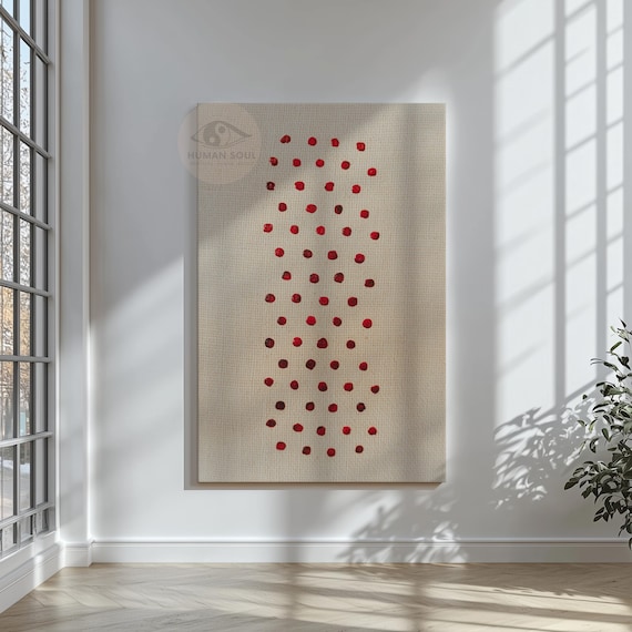 Minimalist Canvas Art, Red Dot Design, Textured Beige Print