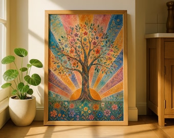 Floral Tree of Life Print, Colorful Boho Sunrise Wall Art (Digital Download)